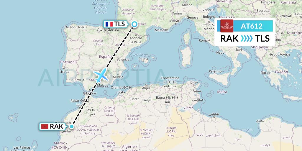 AT612 Royal Air Maroc Flight Map: Marrakesh to Toulouse