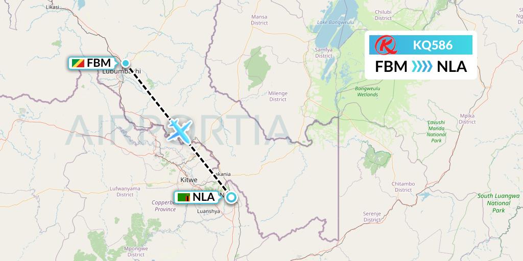 KQ586 Kenya Airways Flight Map: Lubumbashi to Ndola