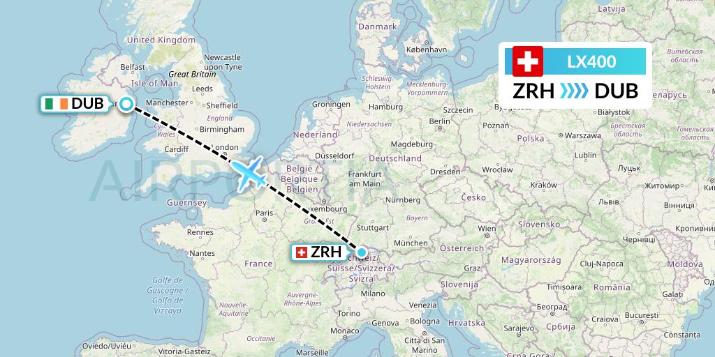 LX400 Swiss Flight Map: Zurich to Dublin