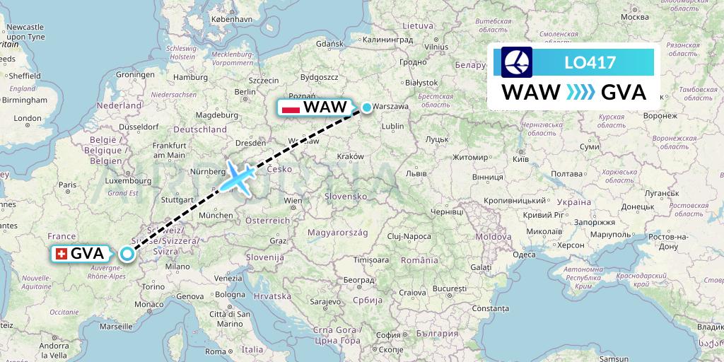 LO417 LOT Flight Map: Warsaw to Geneva