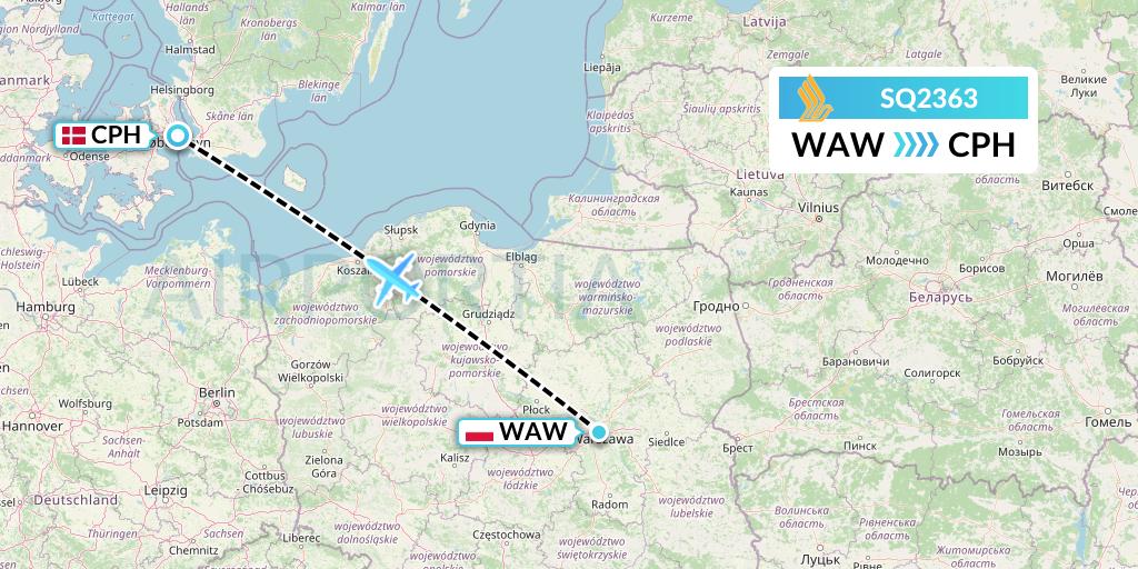 SQ2363 Singapore Airlines Flight Map: Warsaw to Copenhagen