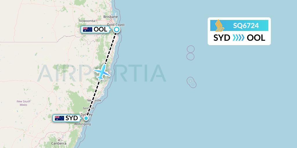 SQ6724 Singapore Airlines Flight Map: Sydney to Gold Coast