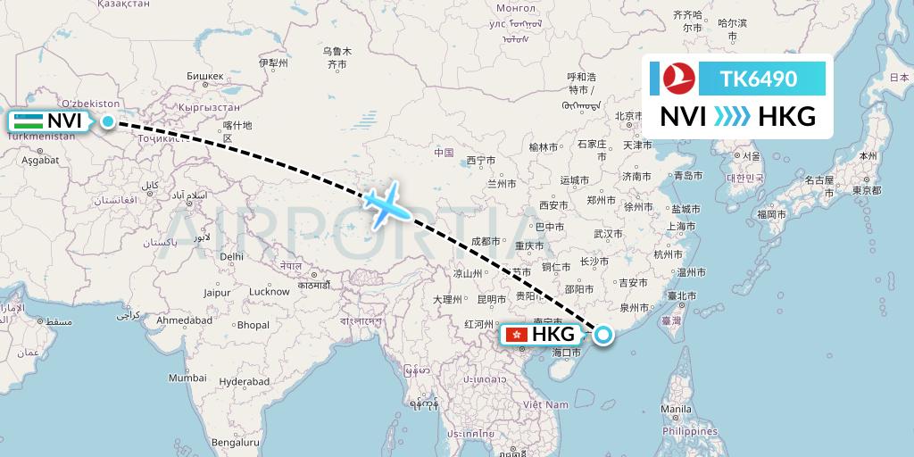 TK6490 Turkish Airlines Flight Map: Navoiy to Hong Kong