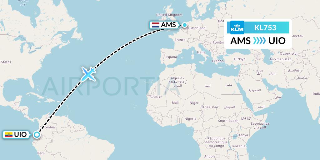 KL753 KLM Flight Map: Amsterdam to Quito