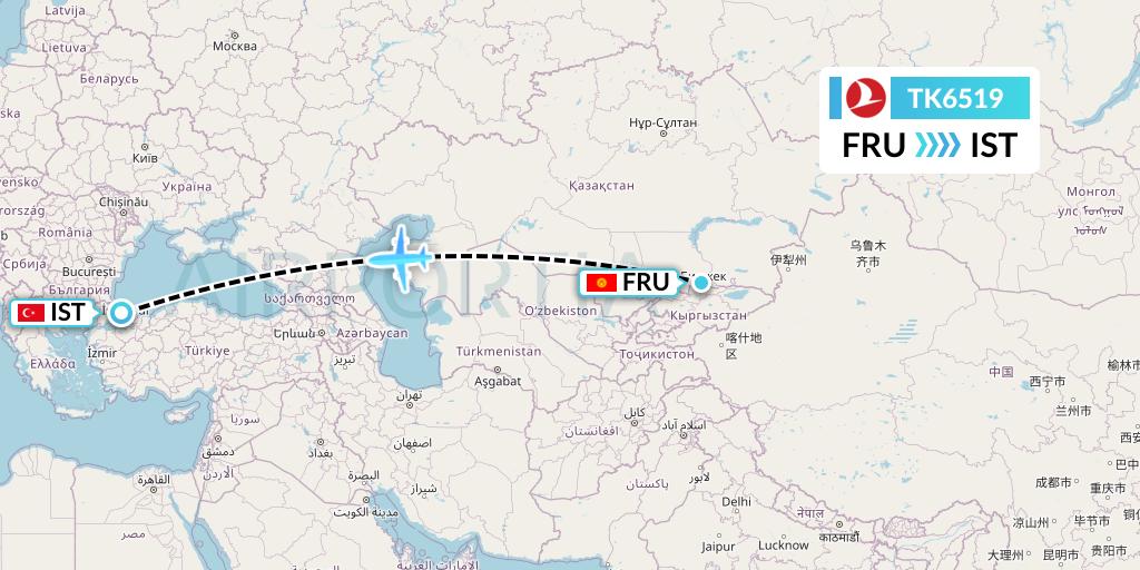 TK6519 Turkish Airlines Flight Map: Bishkek to Istanbul