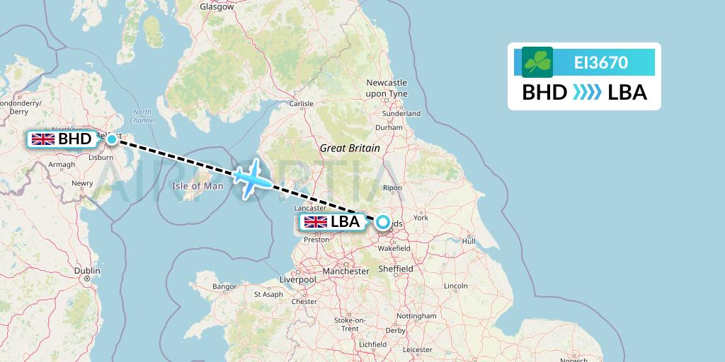 EI3670 Aer Lingus Flight Map: Belfast to Leeds