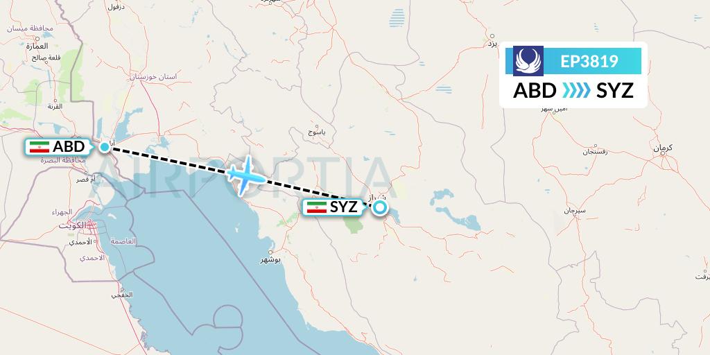 EP3819 Iran Aseman Airlines Flight Map: Abadan to Shiraz