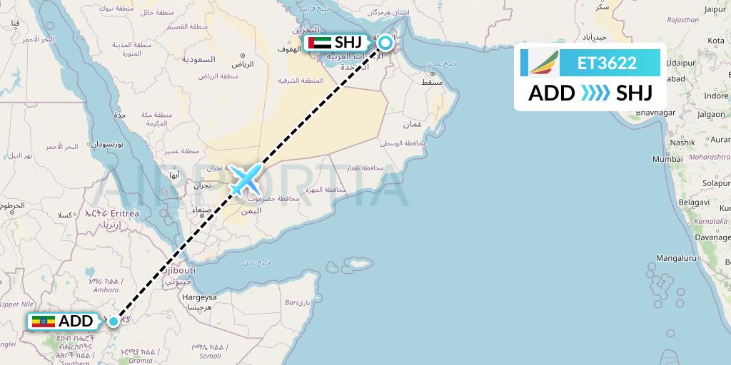 ET3622 Ethiopian Airlines Flight Map: Addis Ababa to Sharjah