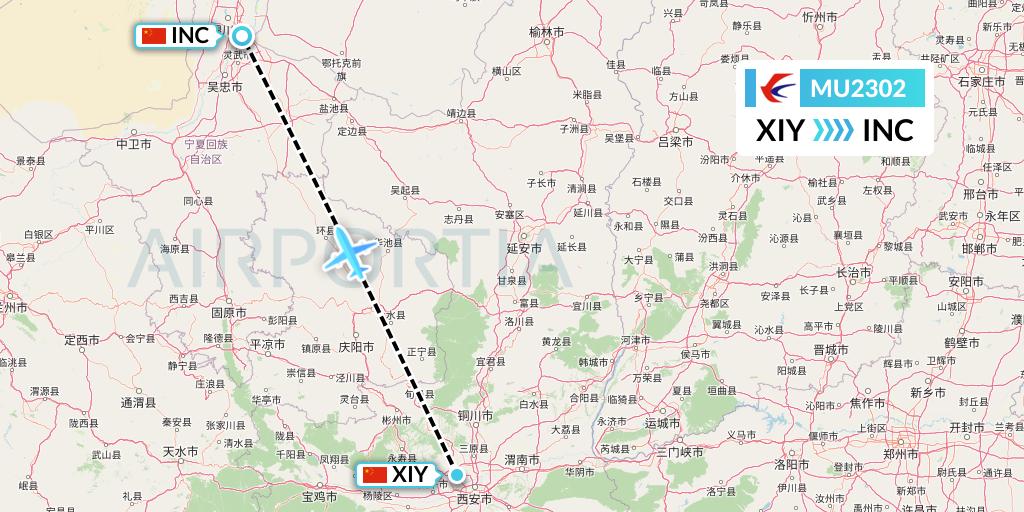 MU2302 China Eastern Airlines Flight Map: Xi'an to Yinchuan