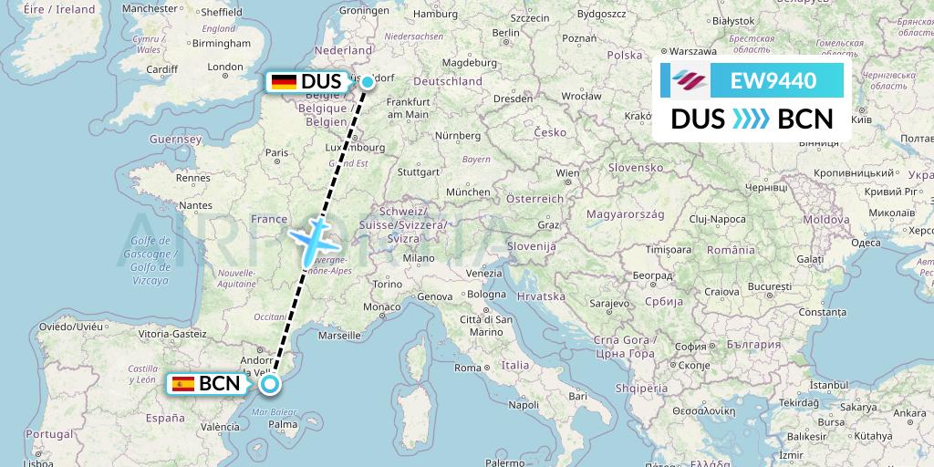 EW9440 Eurowings Flight Map: Dusseldorf to Barcelona
