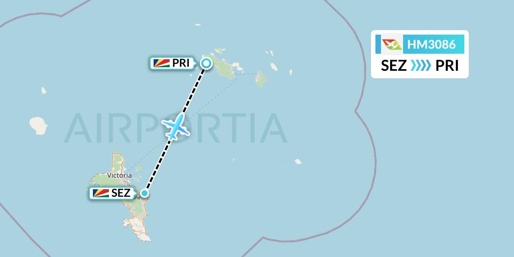HM3086 Air Seychelles Flight Map: Victoria to Praslin Island