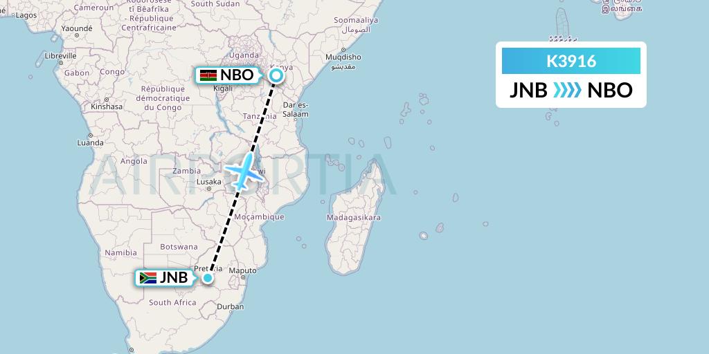 K3916 Taquan Air Flight Map: Johannesburg to Nairobi