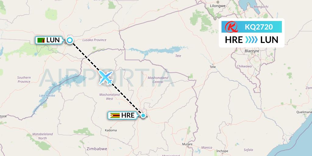 KQ2720 Kenya Airways Flight Map: Harare to Lusaka