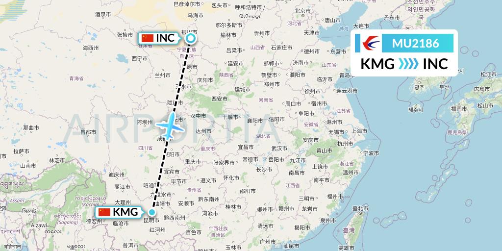 MU2186 China Eastern Airlines Flight Map: Kunming to Yinchuan