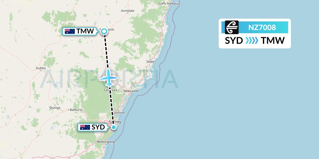 NZ7008 Air New Zealand Flight Map: Sydney to Tamworth