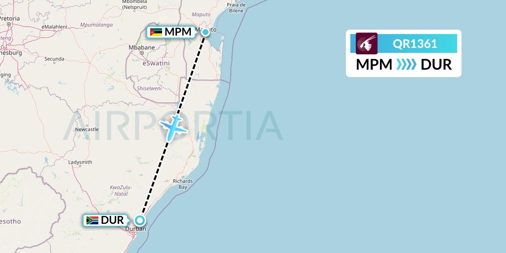 QR1361 Qatar Airways Flight Map: Maputo to Durban