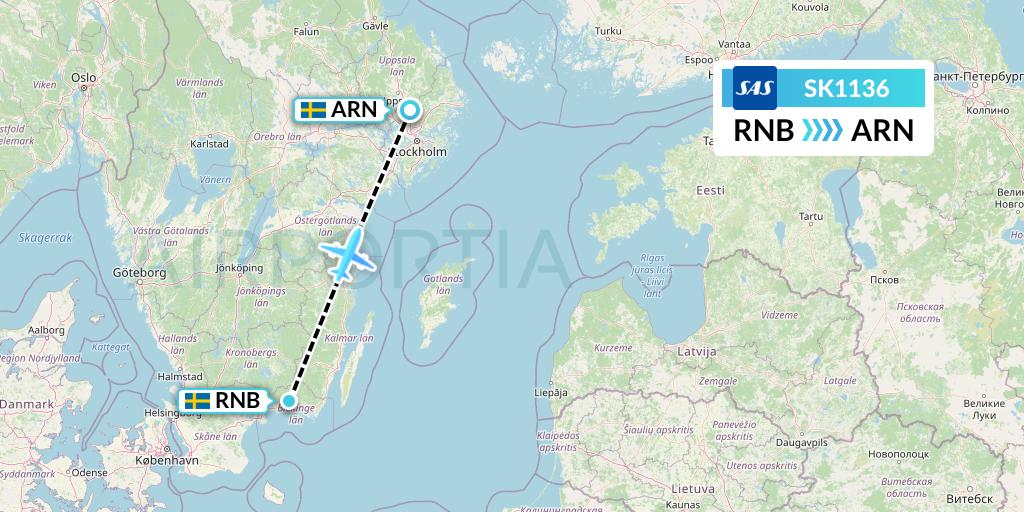 SK1136 SAS Flight Map: Ronneby to Stockholm