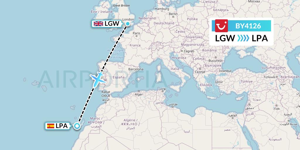 BY4126 TUI Airways Flight Map: London to Las Palmas