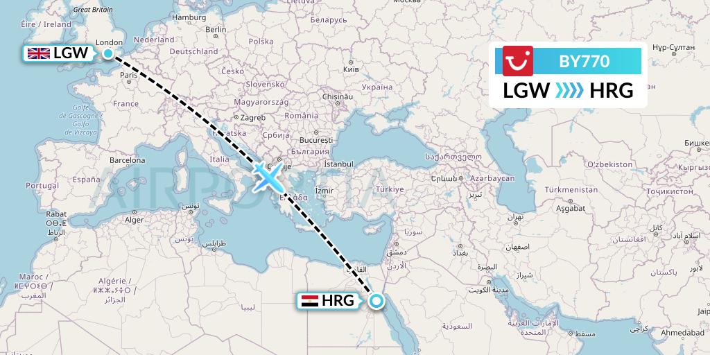 BY770 TUI Airways Flight Map: London to Hurghada