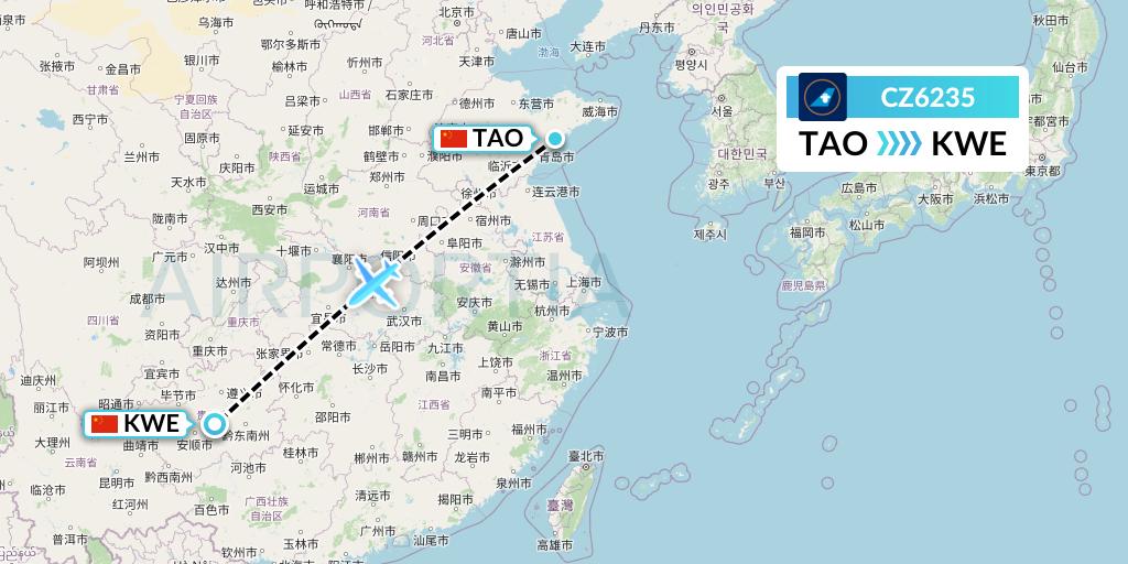 CZ6235 China Southern Airlines Flight Map: Qingdao to Guiyang
