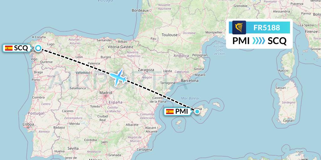 FR5188 Ryanair Flight Map: Palma de Mallorca to Santiago