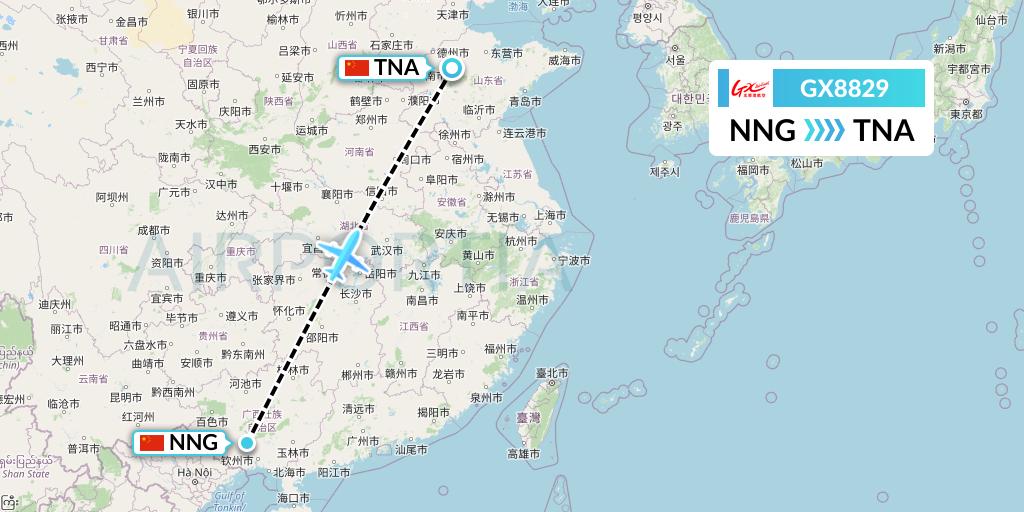 GX8829 GX Airlines Flight Map: Nanning to Jinan