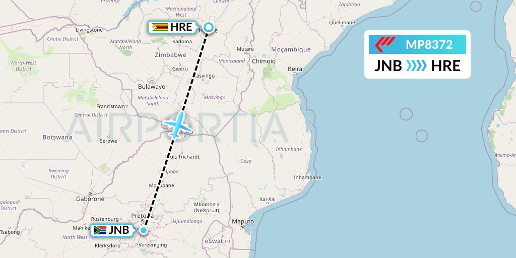 MP8372 Martinair Holland Flight Map: Johannesburg to Harare