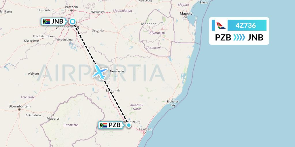 4Z736 Airlink Flight Map: Pietermaritzburg to Johannesburg