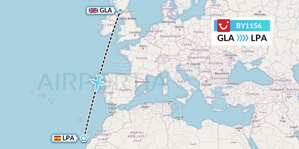 BY1156 TUI Airways Flight Map: Glasgow to Las Palmas