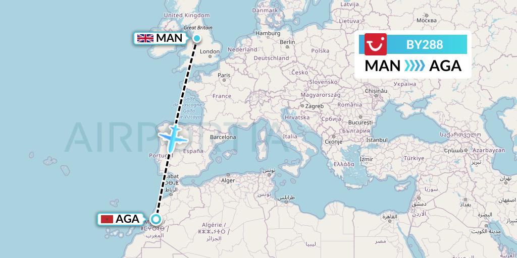 BY288 TUI Airways Flight Map: Manchester to Agadir