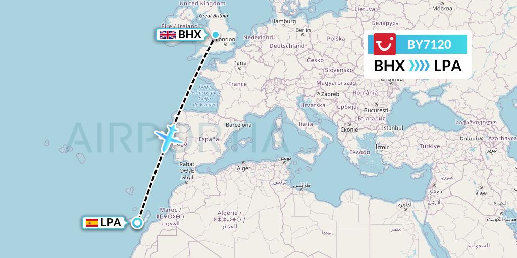 BY7120 TUI Airways Flight Map: Birmingham to Las Palmas