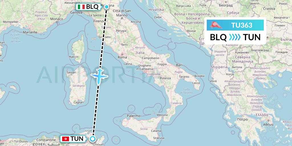 TU363 Tunisair Flight Map: Bologna to Tunis