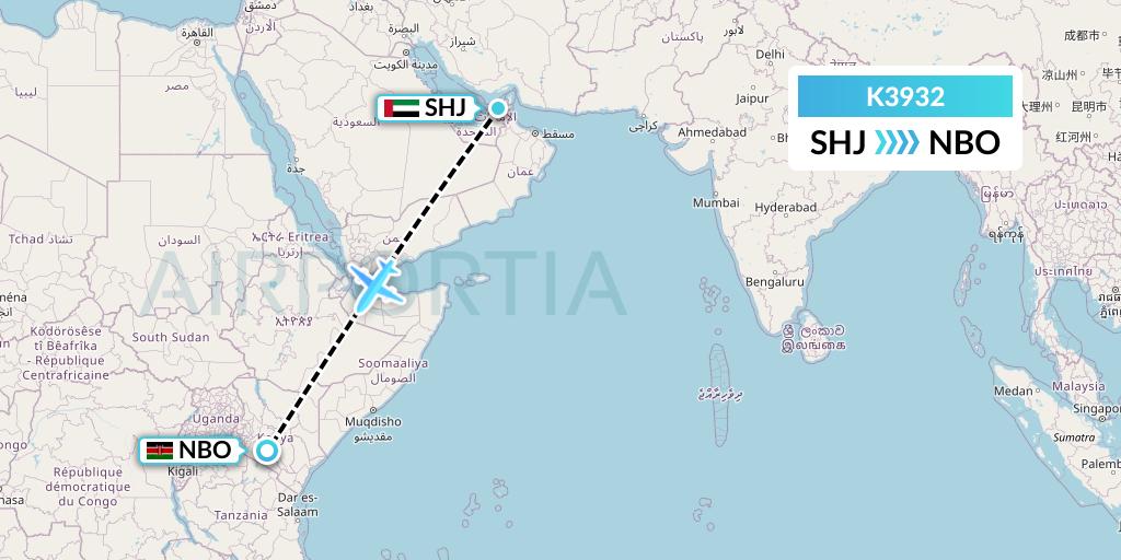 K3932 Taquan Air Flight Map: Sharjah to Nairobi