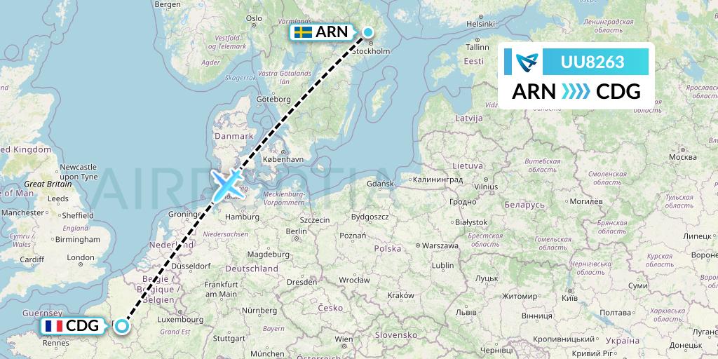 UU8263 Air Austral Flight Map: Stockholm to Paris