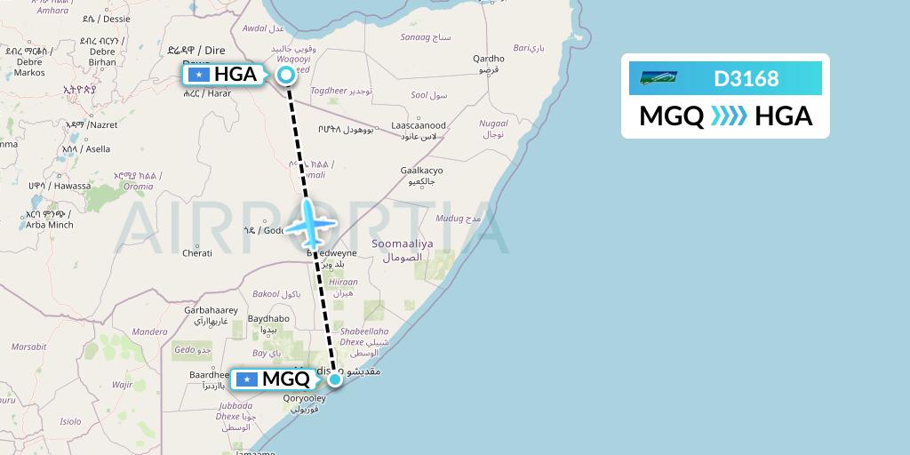 D3168 Daallo Airlines Flight Map: Mogadishu to Hargeisa
