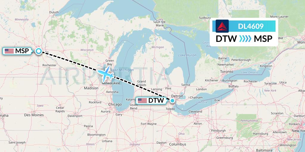 DL4609 Delta Air Lines Flight Map: Detroit to Minneapolis
