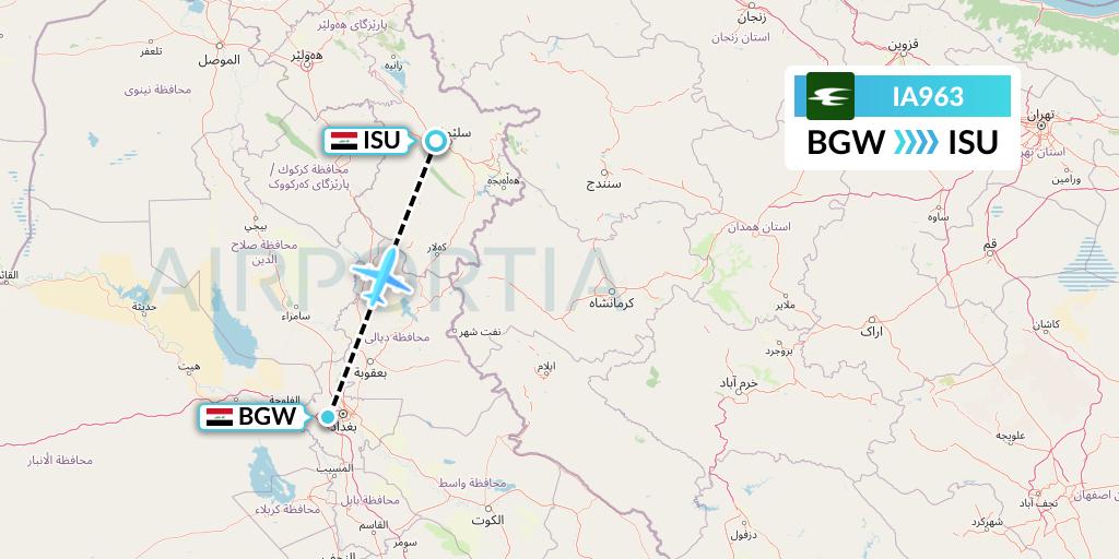 IA963 Iraqi Airways Flight Map: Baghdad to Sulaimaniyah