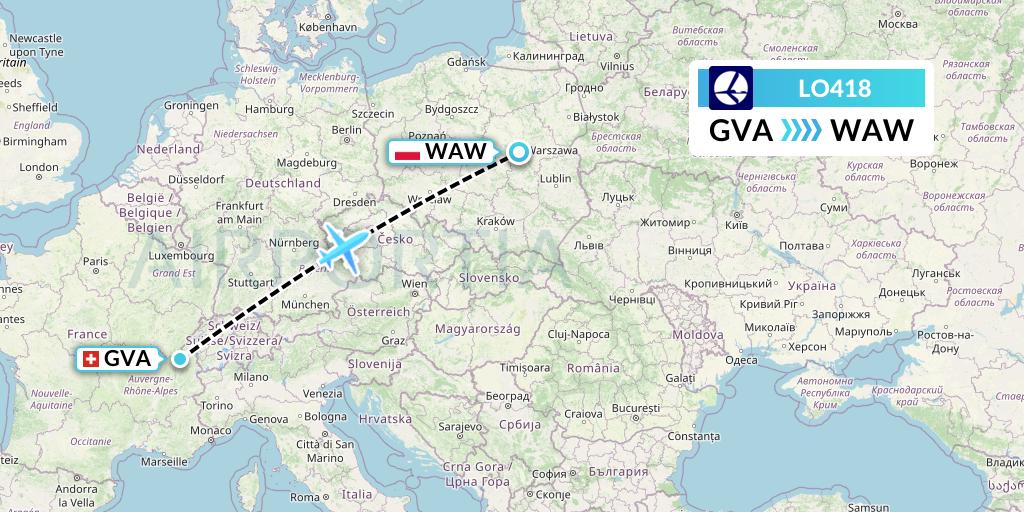 LO418 LOT Flight Map: Geneva to Warsaw