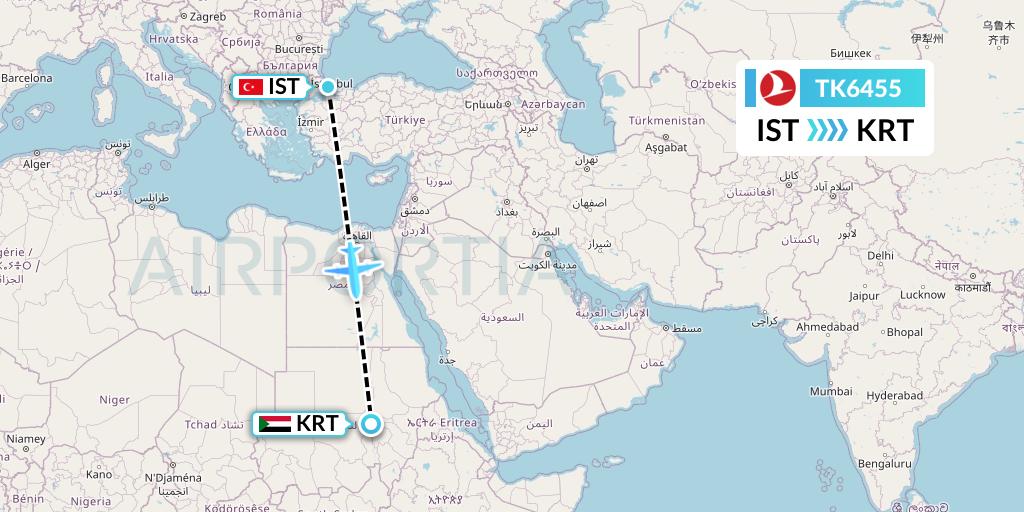 TK6455 Turkish Airlines Flight Map: Istanbul to Khartoum