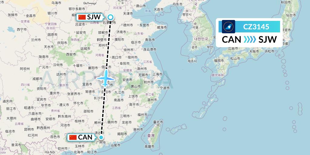 CZ3145 China Southern Airlines Flight Map: Guangzhou to Shijiazhuang