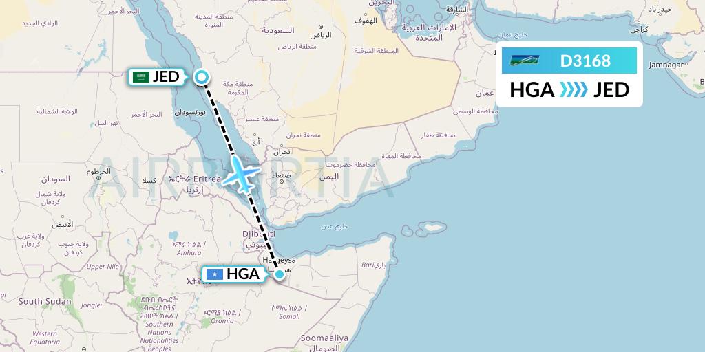 D3168 Daallo Airlines Flight Map: Hargeisa to Jeddah