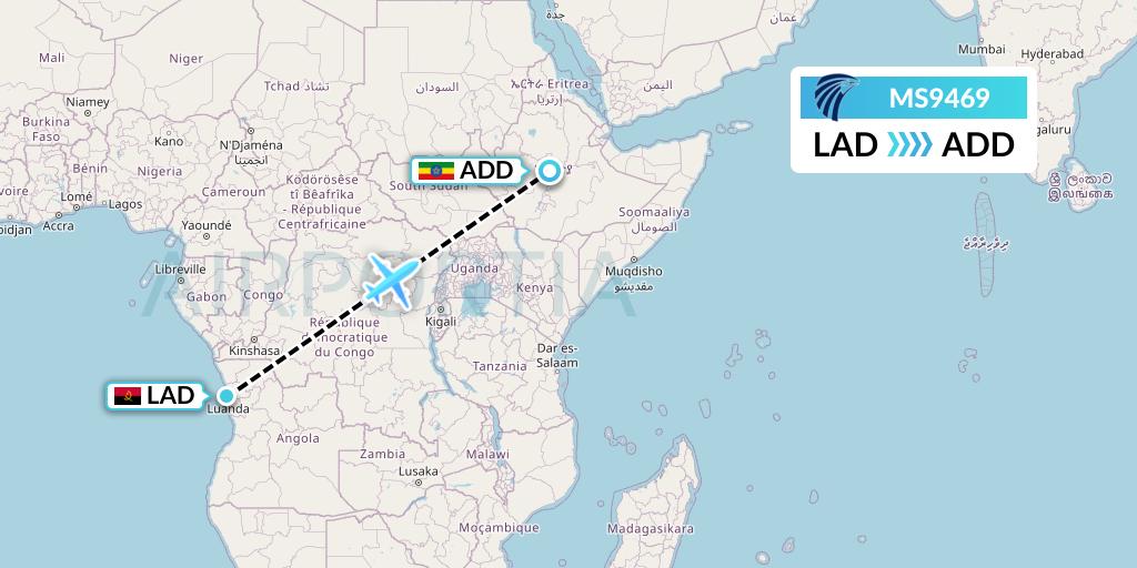 MS9469 EgyptAir Flight Map: Luanda to Addis Ababa