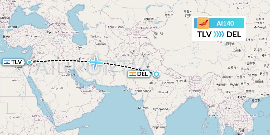 AI140 Air India Flight Map: Tel Aviv to Delhi