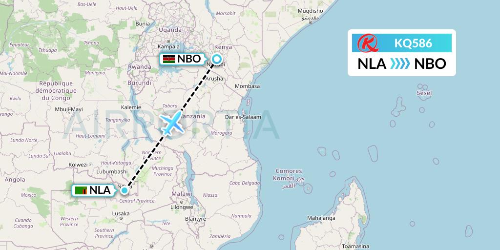KQ586 Kenya Airways Flight Map: Ndola to Nairobi