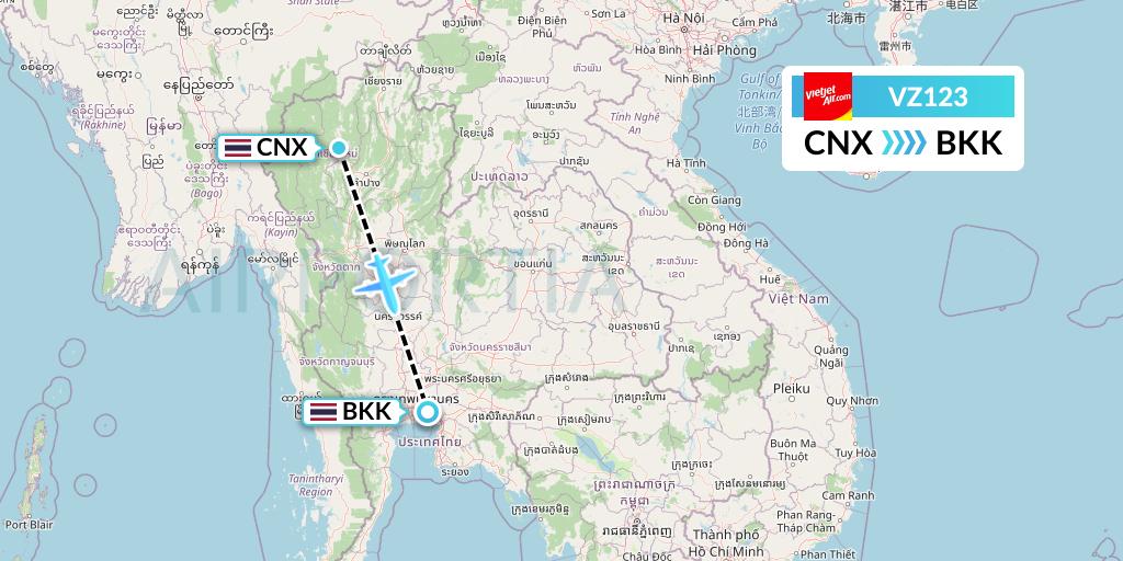 VZ123 Thai Vietjet Air Flight Map: Chiang Mai to Bangkok