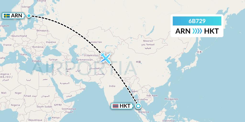 6B729 TUI fly Nordics Flight Map: Stockholm to Phuket