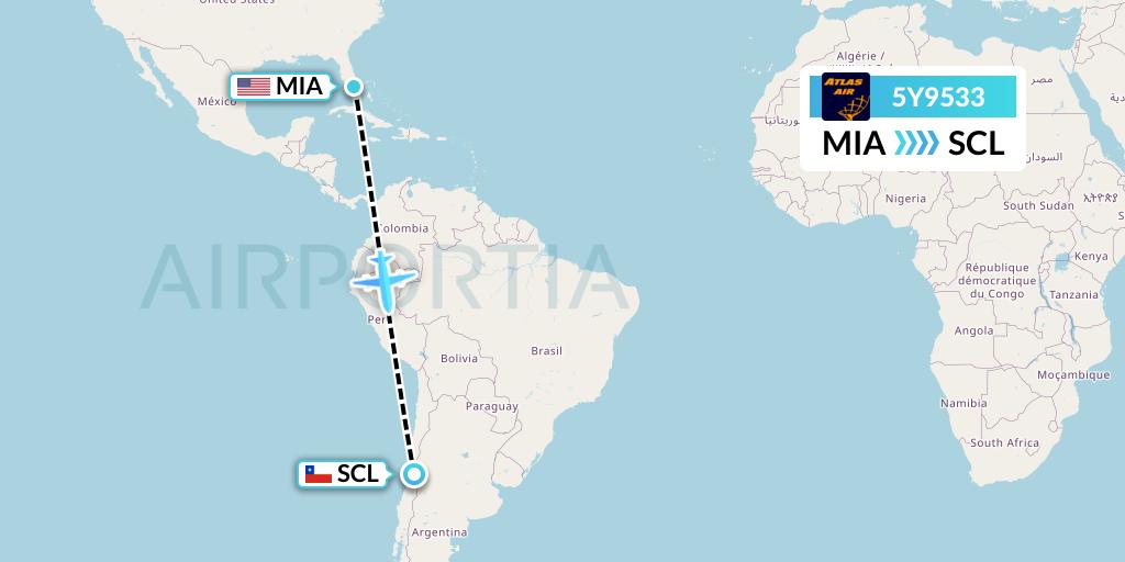 5Y9533 Atlas Air Flight Map: Miami to Santiago