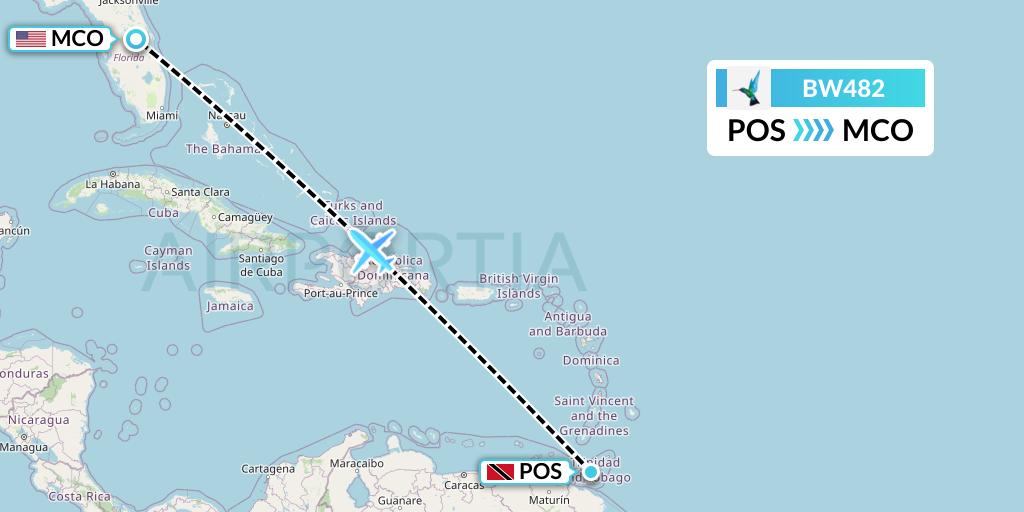BW482 Caribbean Airlines Flight Map: Port of Spain to Orlando
