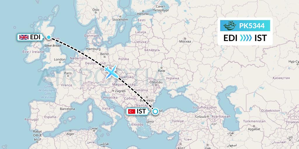 PK5344 Pakistan International Airlines Flight Map: Edinburgh to Istanbul