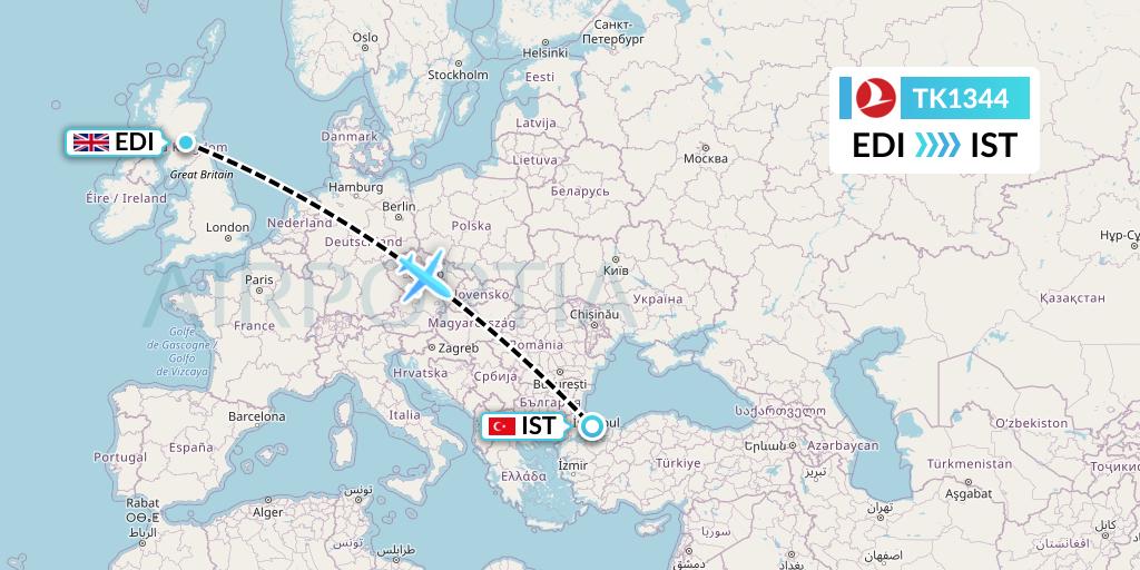 TK1344 Turkish Airlines Flight Map: Edinburgh to Istanbul